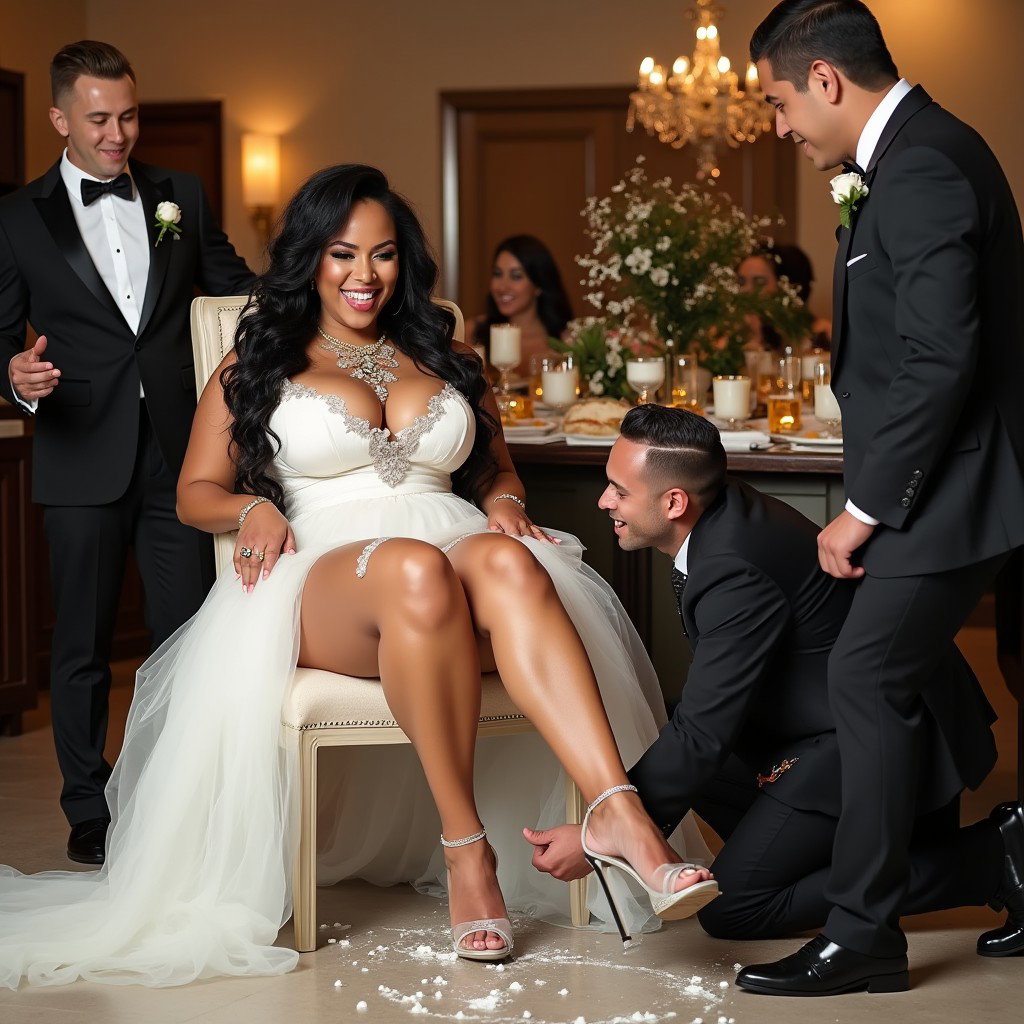 A captivating wedding scene featuring a light-skinned Mexican woman with long, curly black hair and a curvy physique, showcasing her thick, toned legs and wide hips