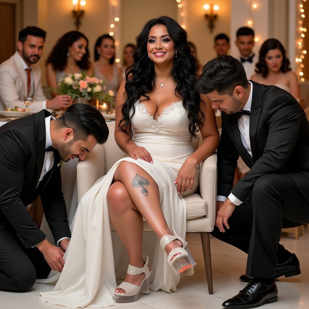 A lively wedding scene featuring a light-skinned Mexican woman with long, curly black hair and a curvy physique, characterized by thick, toned legs and very wide hips