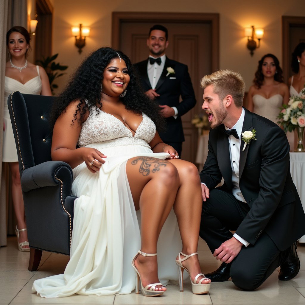 A captivating wedding scene featuring a light-skinned Mexican woman with long, curly black hair and a thick, curvy physique, characterized by toned, thick legs and wide hips