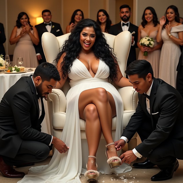 A striking scene featuring a light-skinned Mexican woman with long, curly black hair and a robust physique, showcasing her thick, toned legs and wide hips