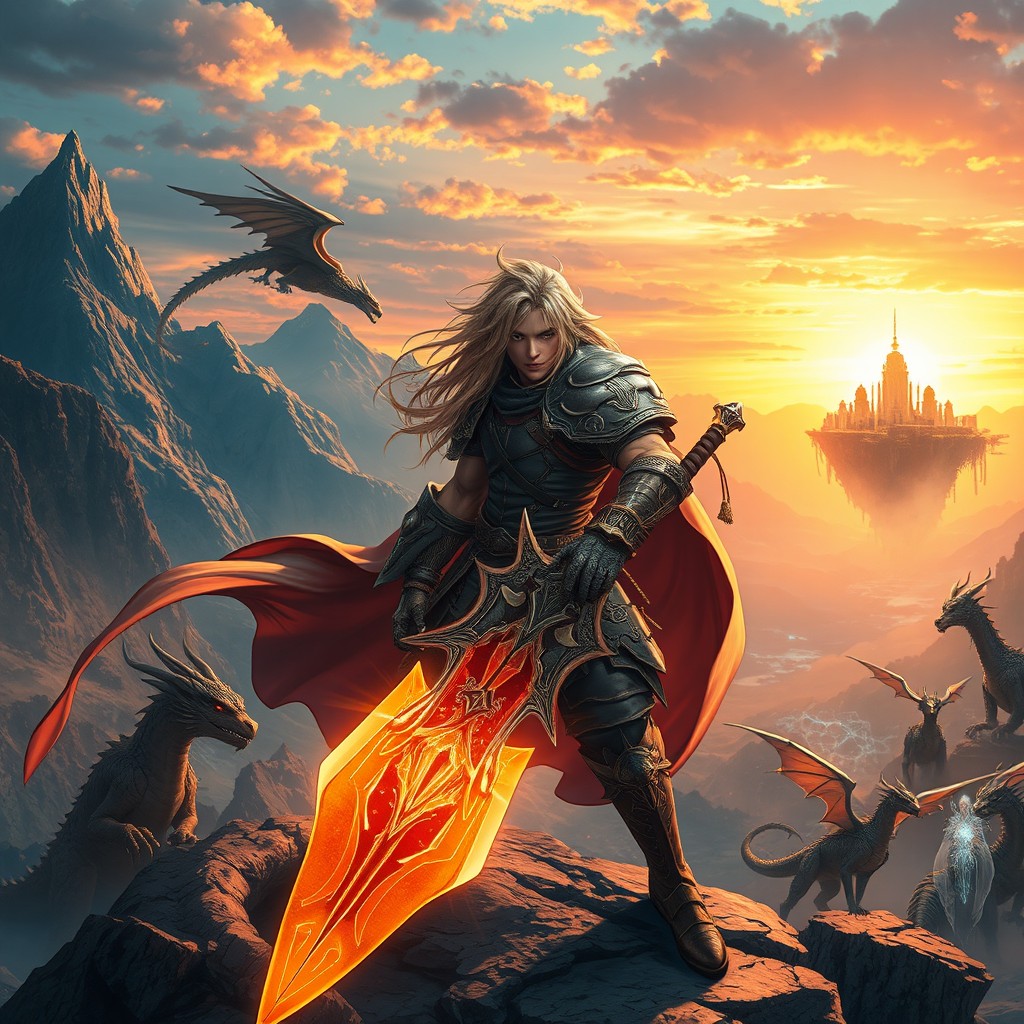 A breathtaking scene inspired by Final Fantasy, featuring a heroic character clad in intricately detailed armor, wielding a massive sword that glows with magical energy