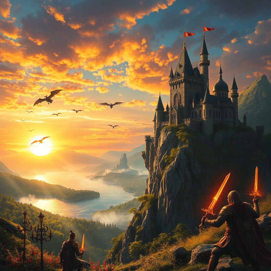 A stunning fantasy landscape inspired by elements of a classic epic role-playing game, featuring a majestic castle perched on a rocky cliff overlooking a shimmering lake under a vibrant sunset sky