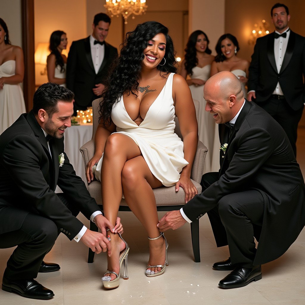 A lively wedding scene featuring a light-skinned Mexican woman with long, curly black hair and a robust physique, showcasing her thick, toned legs and wide hips