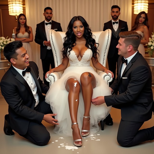 A vibrant wedding scene showcasing a light-skinned Mexican woman with long, curly black hair and a medium build, displaying her thick, toned legs and wide hips