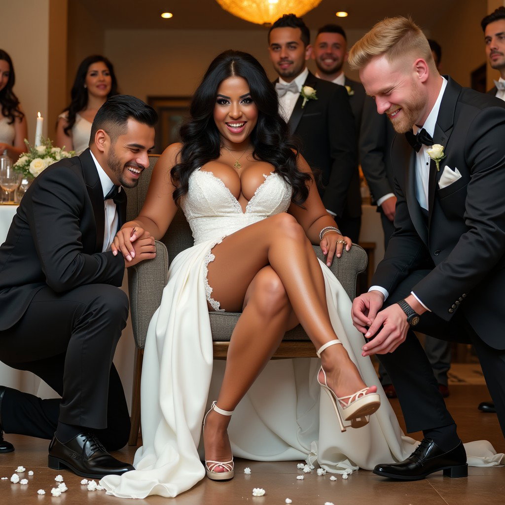 A lively wedding scene featuring a very light brown-skinned Mexican woman with long, curly black hair and a medium build