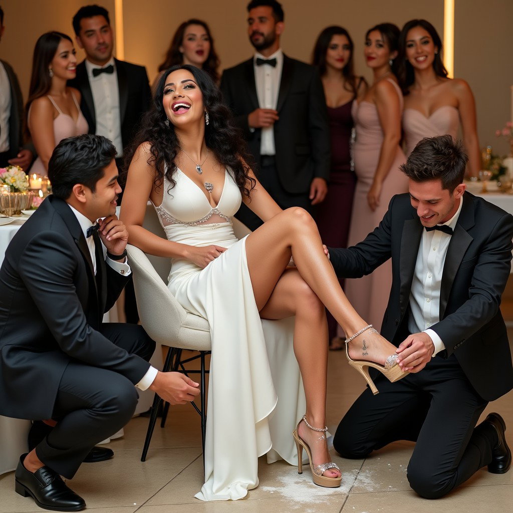 A lively wedding scene featuring a very light-skinned Colombian woman with long, curly black hair and a medium-thick physique, highlighted by toned, thick legs and wide hips