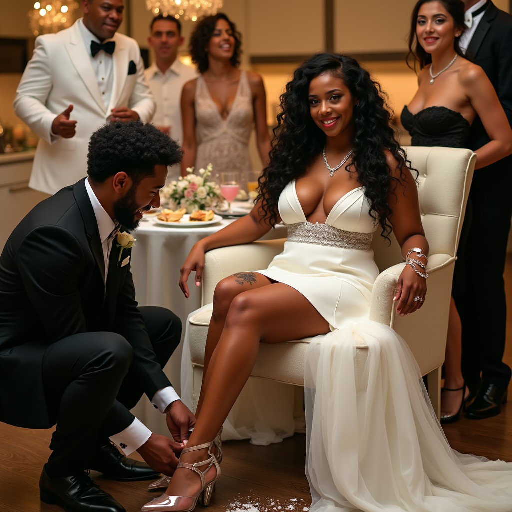 A dynamic wedding scene featuring a Colombian woman with very light brown skin, long curly black hair, and a medium-thick physique, with toned, thick legs and wide hips