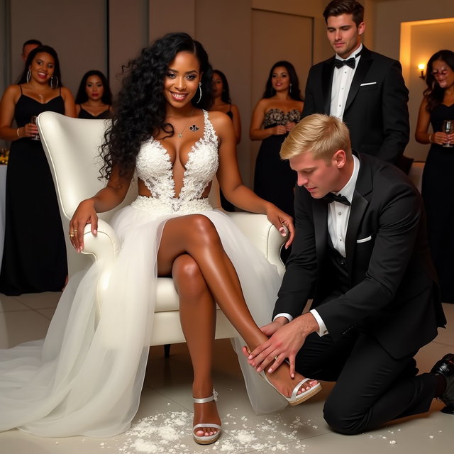 A lively wedding scene set in a party hall with a swinger theme, featuring a light brown-skinned Colombian woman with long, curly black hair and a medium-thick build (not overweight)