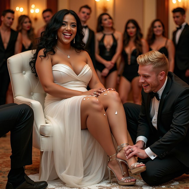 A lively wedding scene set in a swinger-themed banquet hall, featuring a light-skinned Mexican woman with long, curly black hair and a medium-thick physique (not overweight), highlighted by her toned, thick legs and wide hips