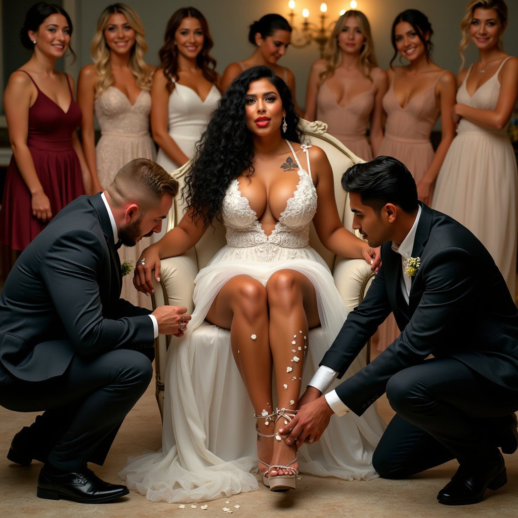 An engaging scene featuring a light-skinned Mexican woman with long, curly black hair and a medium-thick physique, showcasing her toned thick legs and wide hips