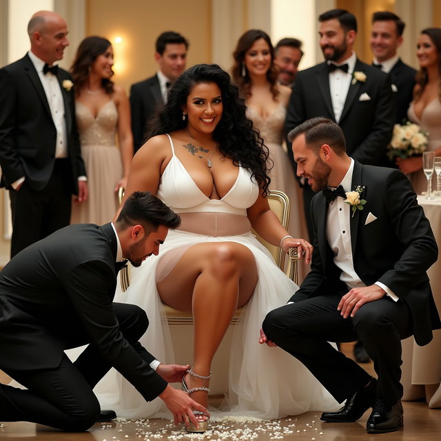 A vibrant wedding scene featuring a light-skinned Mexican woman with long, curly black hair and a medium-thick physique, displaying her thick, toned legs and wide hips