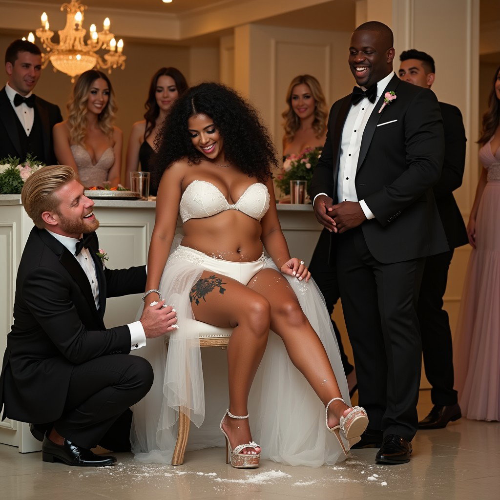 A lively wedding scene featuring a light-skinned Mexican woman with long, curly black hair and a medium-thick physique, showcasing her thick, toned legs and wide hips