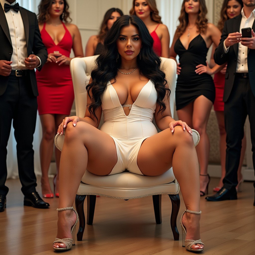 A vibrant wedding scene featuring a Mexican woman with light skin, long curly black hair, and a thick build (not overweight)