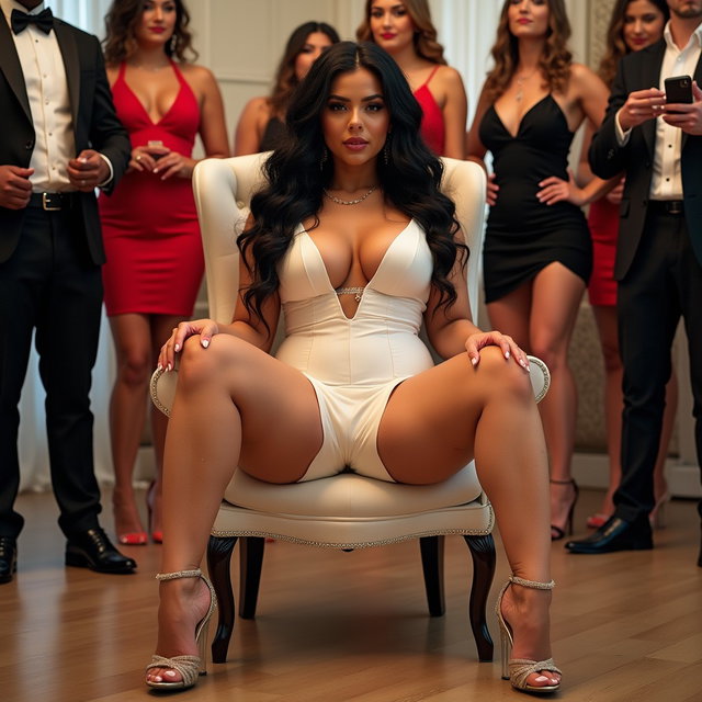 A vibrant wedding scene featuring a Mexican woman with light skin, long curly black hair, and a thick build (not overweight)