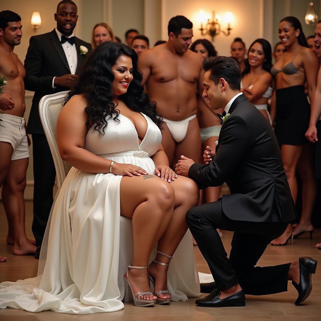 A lively wedding scene featuring a light-brown-skinned Mexican woman with long, curly black hair and a thick physique, showcasing her toned, thick legs and wide hips