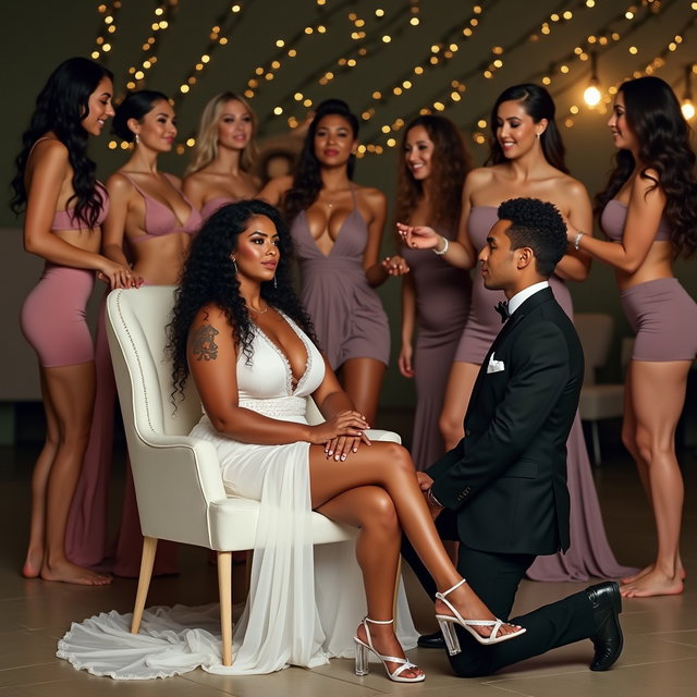 A vibrant wedding scene featuring a light brown-skinned Mexican woman with long, curly black hair and a thick yet curvy physique