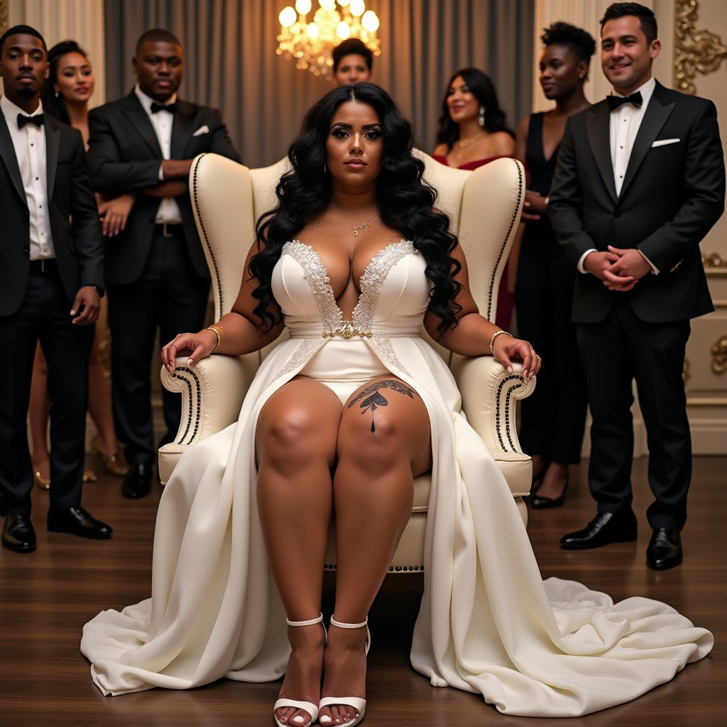 A striking wedding scene featuring a Mexican woman with light brown skin, long curly black hair, and a voluptuous build (not overweight)