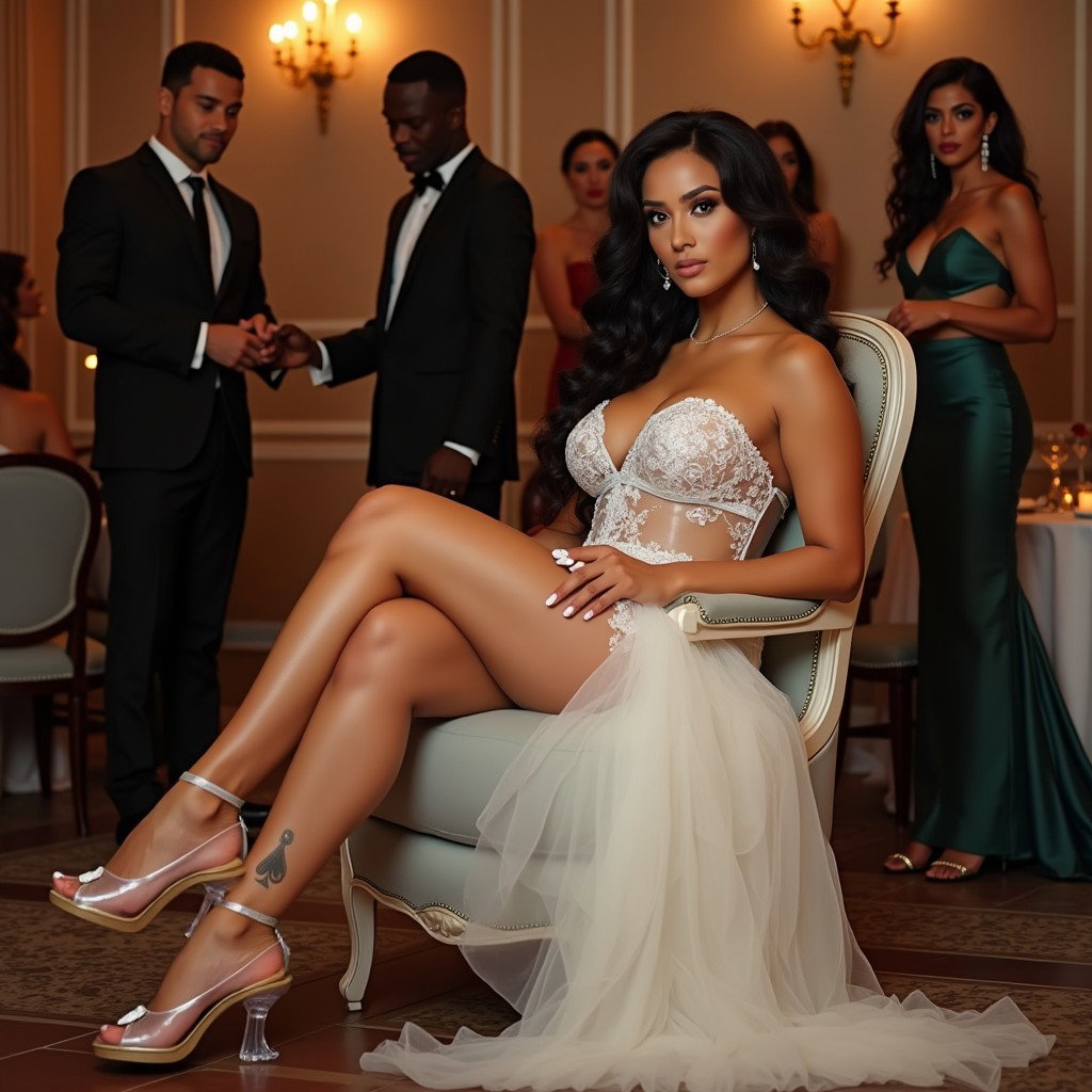 An exquisite wedding scene in a swinger-themed banquet hall featuring a light brown-skinned Mexican woman with long, curly black hair and a curvy physique