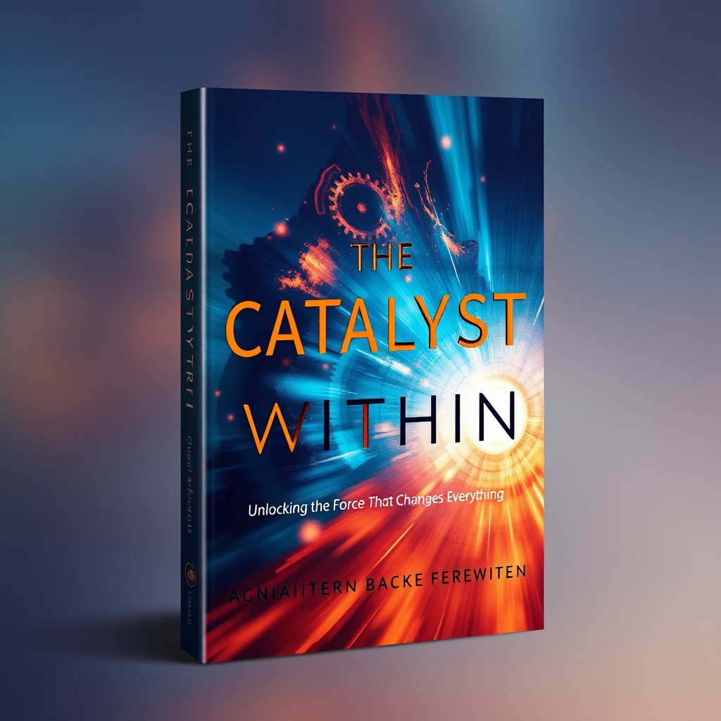 A captivating book cover design for 'The Catalyst Within' featuring dynamic and abstract elements that symbolize transformation and change