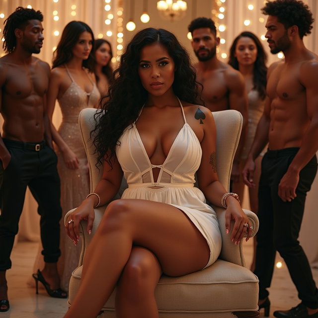 A striking scene featuring a light brown-skinned Mexican woman with long, curly black hair and a robust physique, showcasing her thick, toned legs and wide hips
