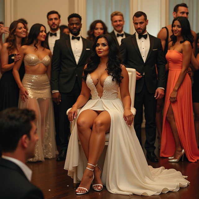 A vibrant wedding scene featuring a light brown-skinned Mexican woman with long, curly black hair and a curvy physique