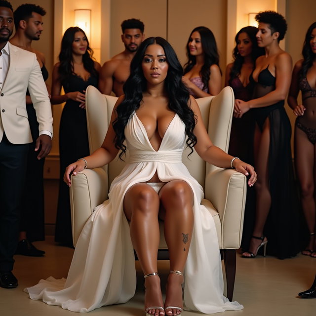 A captivating wedding scene featuring a light brown-skinned Mexican woman with long, curly black hair and a voluptuous build, showcasing her toned, thick legs and wide hips