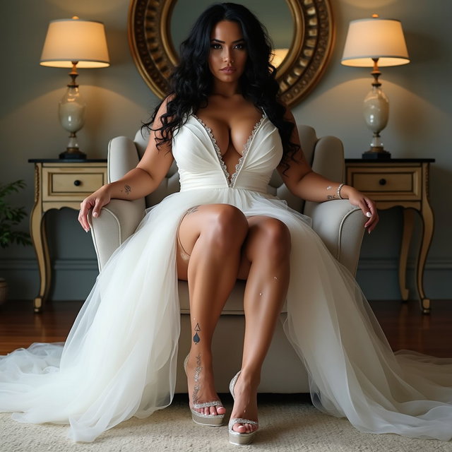 A bold and striking wedding scene featuring a Mexican woman with light brown skin, long curly black hair, and a curvaceous physique with toned legs and wide hips