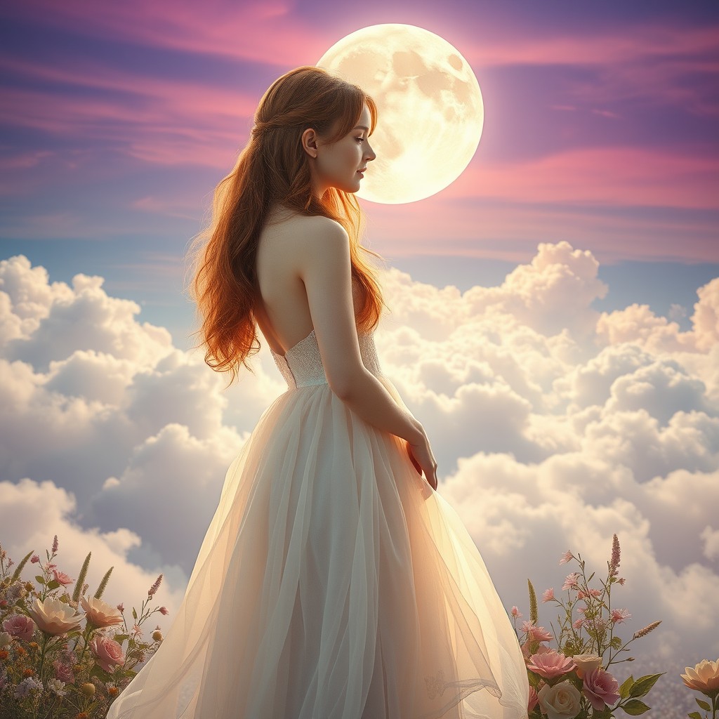 A surreal and dreamlike visualization of romantic pursuit, depicting a young woman with cascading auburn hair standing against an ethereal landscape filled with floating clouds and whimsical flowers