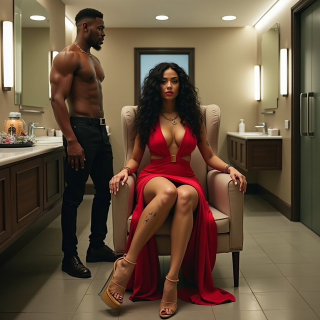 A striking scene set in a spacious public bathroom featuring a Mexican woman with light brown skin, long curly black hair, and a curvy physique, highlighted by thick, toned legs and wide hips