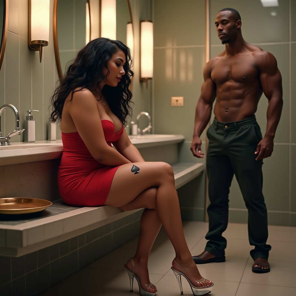 An enticing scene set in a spacious public restroom featuring a light brown-skinned Mexican woman with long, curly black hair and a curvy physique