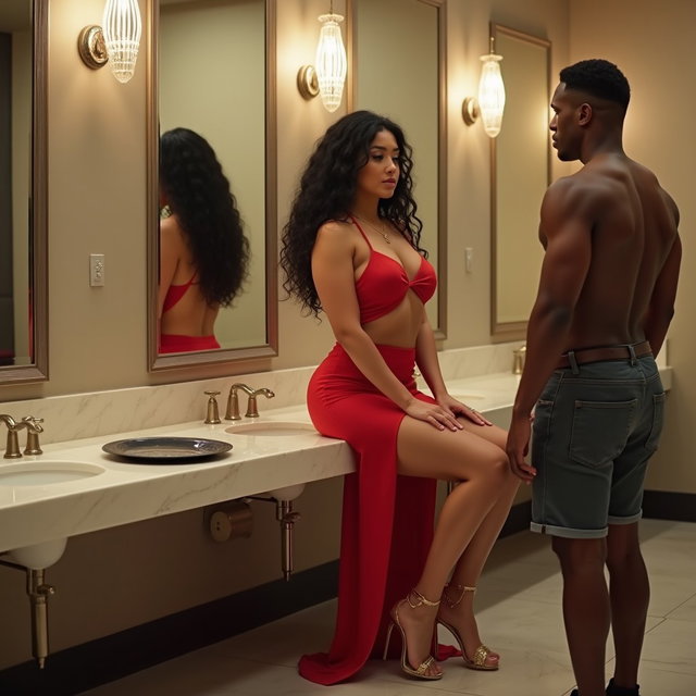 A striking image of a light brown-skinned Mexican woman with long, curly black hair and a curvy figure, displayed as she sits confidently on the countertop of a spacious women's public restroom