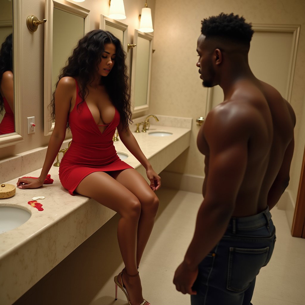 An intriguing scene inside a spacious women's public restroom featuring a light brown-skinned Mexican woman with long, curly black hair and a voluptuous figure