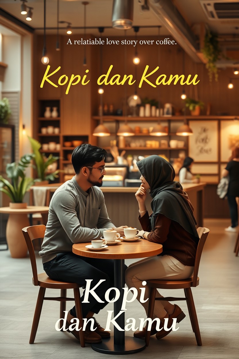 A warm and romantic novel cover for a book titled 'Kopi dan Kamu', featuring a cozy café scene