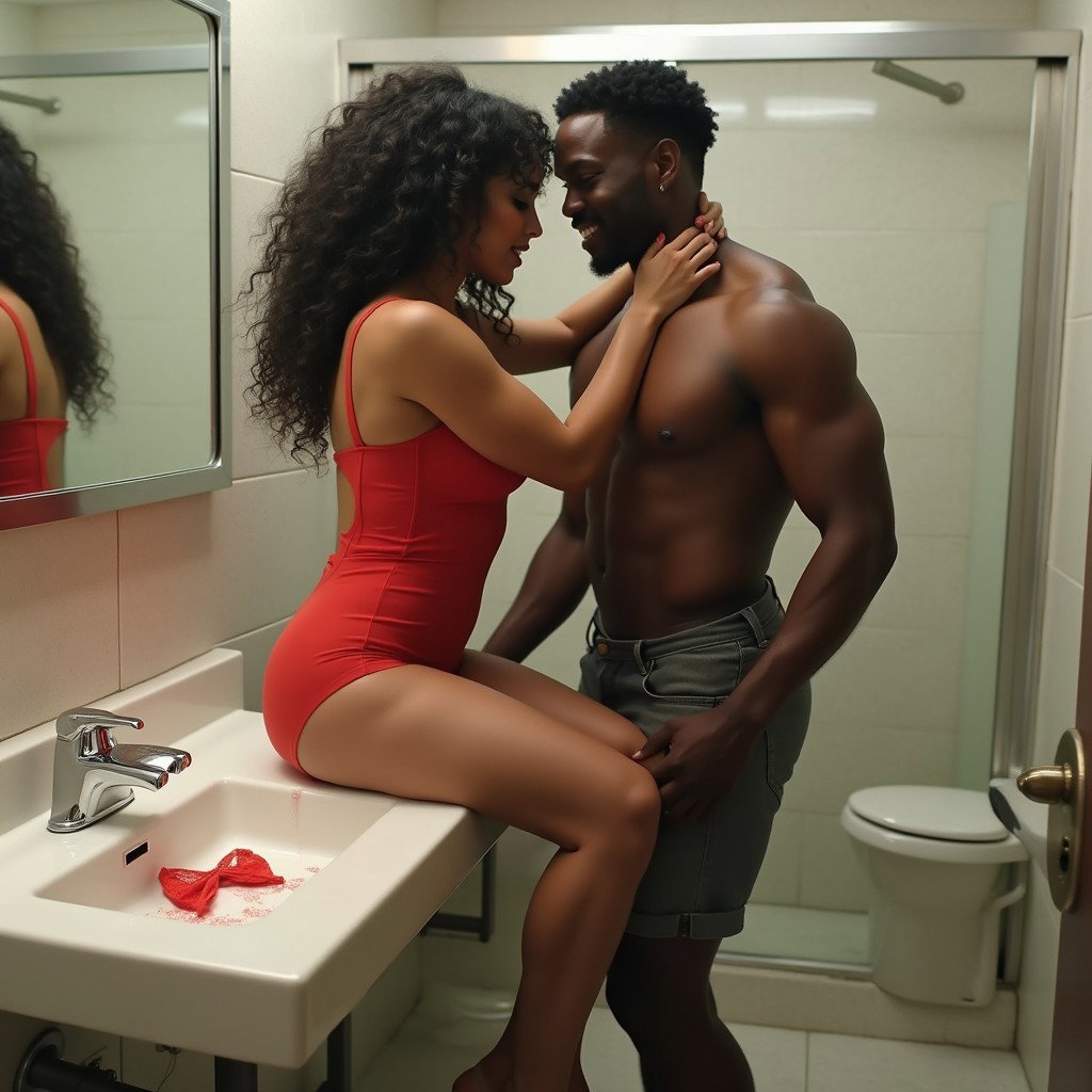 An enticing scene set in a spacious women's public bathroom, featuring a Mexican woman with light brown skin, long curly black hair, and a curvy figure, accentuated by very thick, toned legs and wide hips