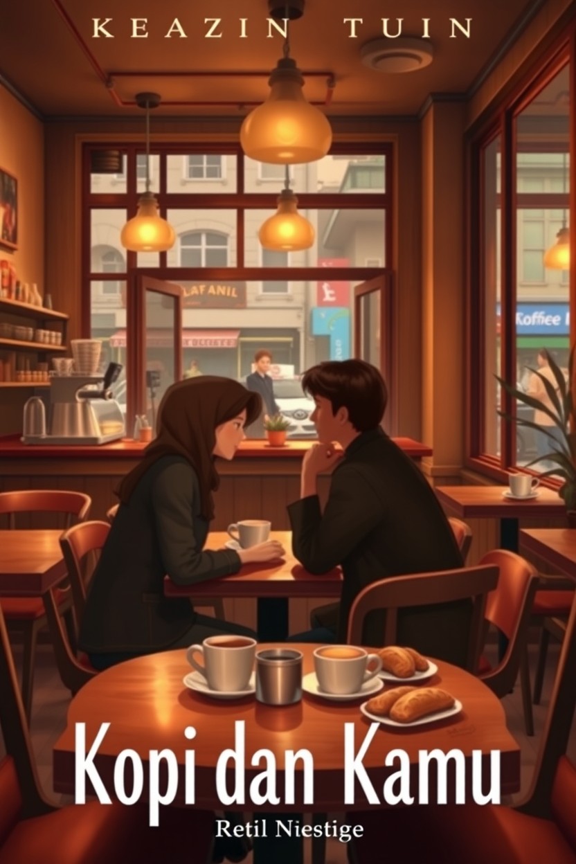 A cozy and inviting coffee shop interior for a novel cover titled 'Kopi dan Kamu'