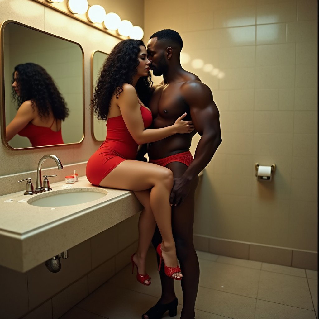 An intriguing scene set in a spacious women's public bathroom, featuring a Mexican woman with light brown skin, long curly black hair, and a voluptuous figure, characterized by very thick, toned legs and wide hips