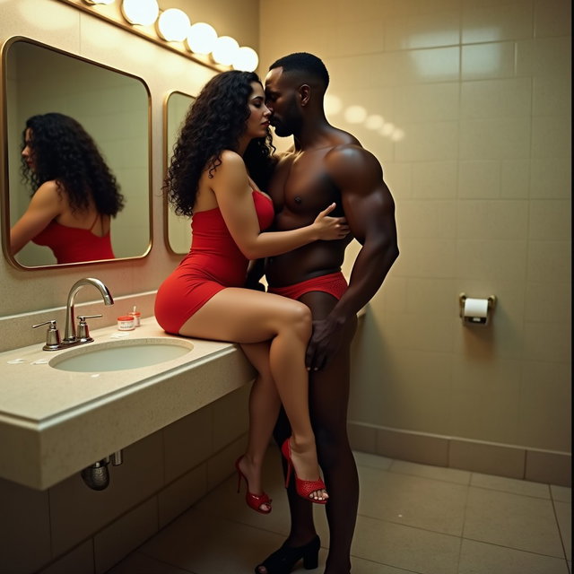 An intriguing scene set in a spacious women's public bathroom, featuring a Mexican woman with light brown skin, long curly black hair, and a voluptuous figure, characterized by very thick, toned legs and wide hips