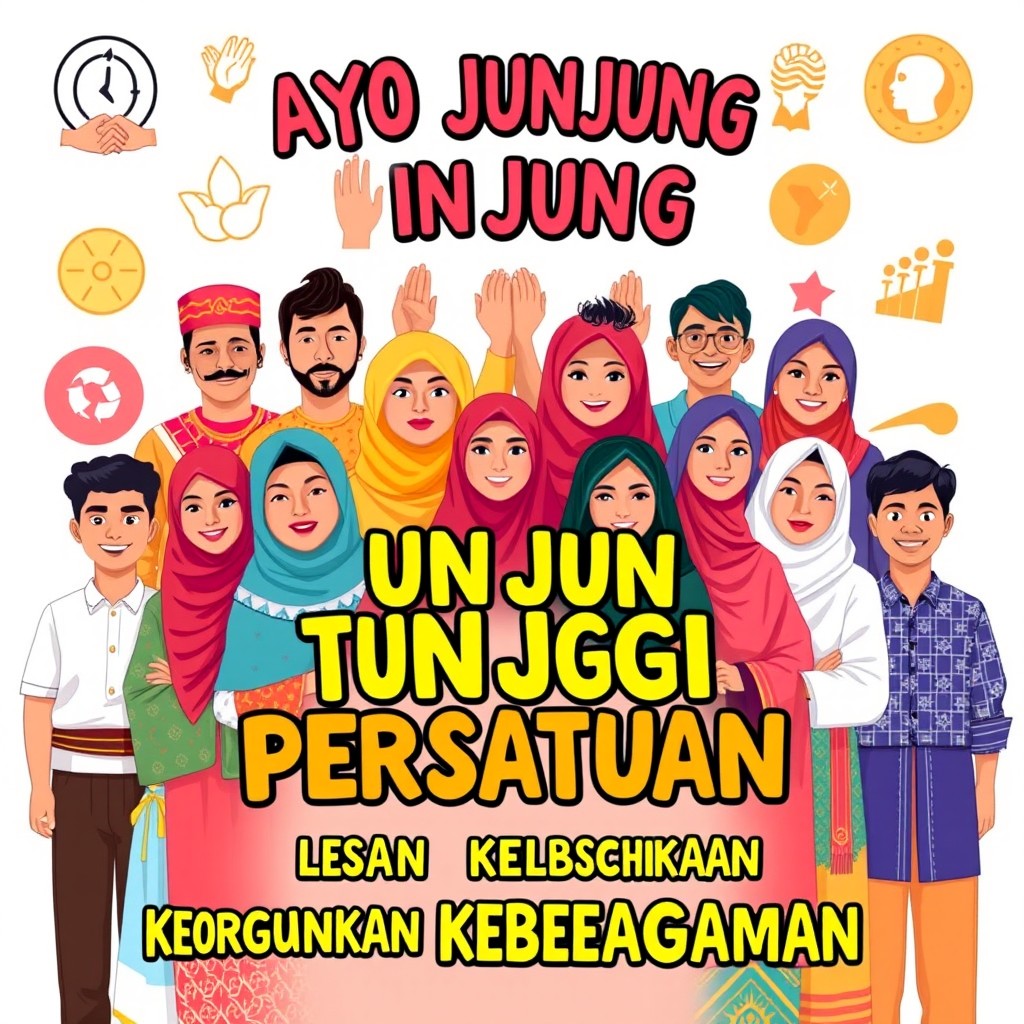 A vibrant and impactful poster themed around diversity, featuring various people of different ethnicities and cultures standing together united, showcasing their unique traditional attire