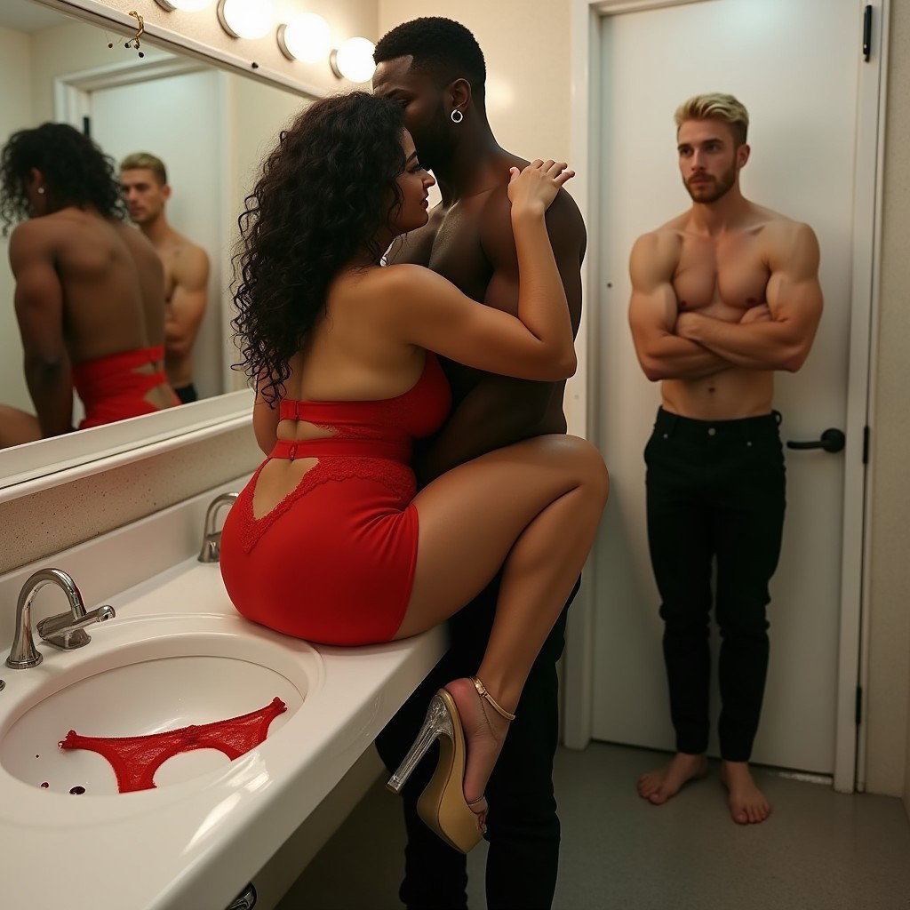 A captivating scene set in a spacious public restroom featuring a light brown-skinned Mexican woman with long, curly black hair and a curvy figure, displayed confidently as she sits on the sink counter