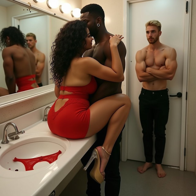 A captivating scene set in a spacious public restroom featuring a light brown-skinned Mexican woman with long, curly black hair and a curvy figure, displayed confidently as she sits on the sink counter