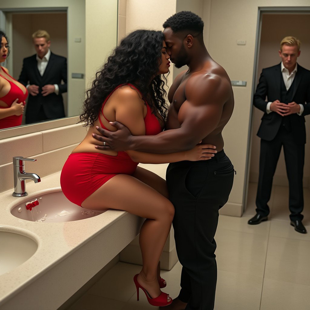 A captivating scene in a spacious public restroom featuring a light brown-skinned Mexican woman with long, curly black hair and a curvy figure