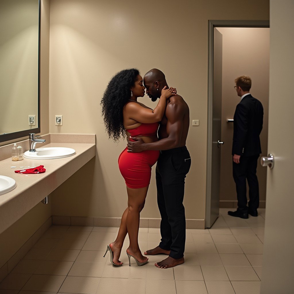 A captivating scene in a spacious public restroom featuring a light brown-skinned Mexican woman with long, curly black hair and a voluptuous body