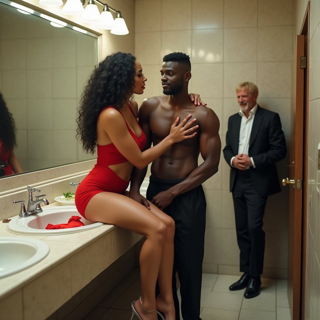 An intriguing scene set in a spacious public restroom featuring a light brown-skinned Mexican woman with long, curly black hair and a voluptuous physique