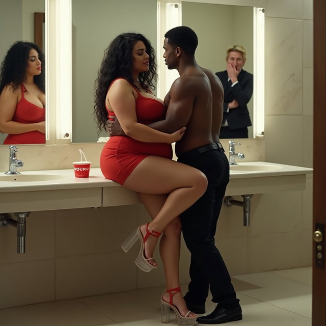 An intriguing scene in a spacious public bathroom, featuring a light brown-skinned Mexican woman with long, curly black hair and a voluptuous figure characterized by very thick, toned legs and wide hips