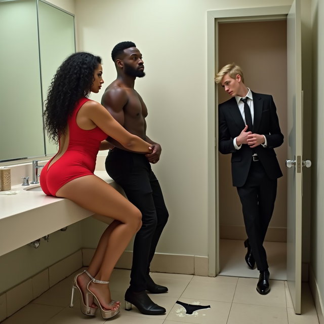 An engaging and bold scene set in a spacious public bathroom, featuring a light brown-skinned Mexican woman with long, curly black hair and a voluptuous figure, highlighted by very thick, toned legs and wide hips