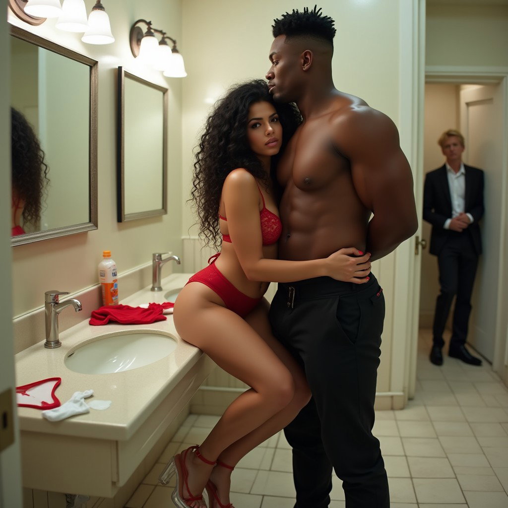 An alluring scene set in a spacious public restroom showcasing a light brown-skinned Mexican woman with long, curly black hair and a voluptuous figure