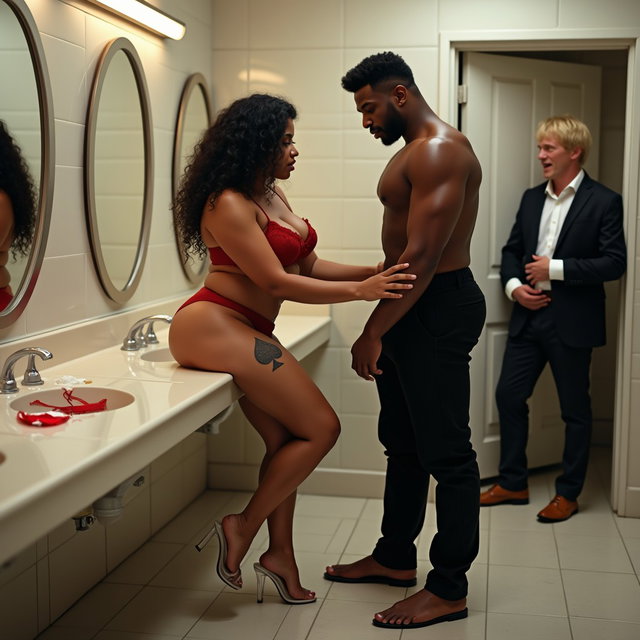 An evocative scene set in a spacious public restroom featuring a light brown-skinned Mexican woman with long, curly black hair and a voluptuous figure