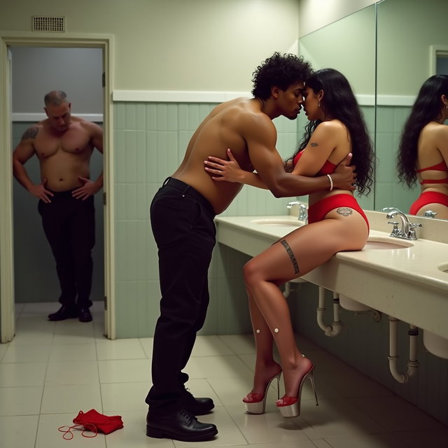 An evocative scene set in a spacious public bathroom, showcasing a light brown-skinned Mexican woman with long, curly black hair and a curvy figure, noted for her very thick, toned legs and wide hips