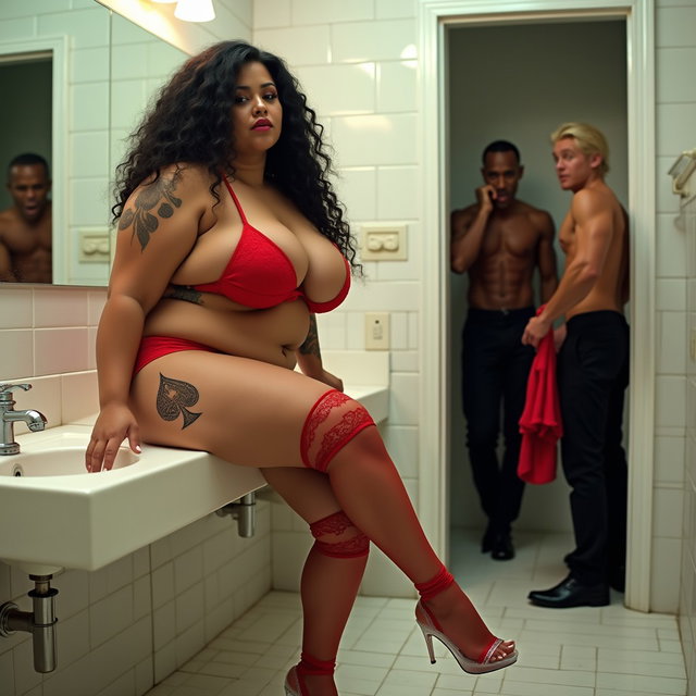 An eye-catching scene in a spacious women's public restroom featuring a Mexican woman with light brown skin, long curly black hair, and a voluptuous figure, characterized by very thick, toned legs and wide hips