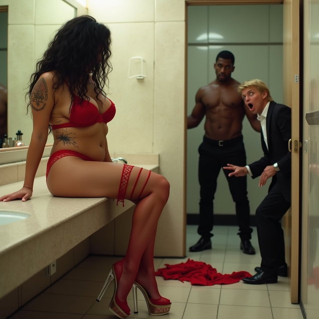 An enticing scene set in a spacious public restroom featuring a light brown-skinned Mexican woman with long, curly black hair and a voluptuous figure